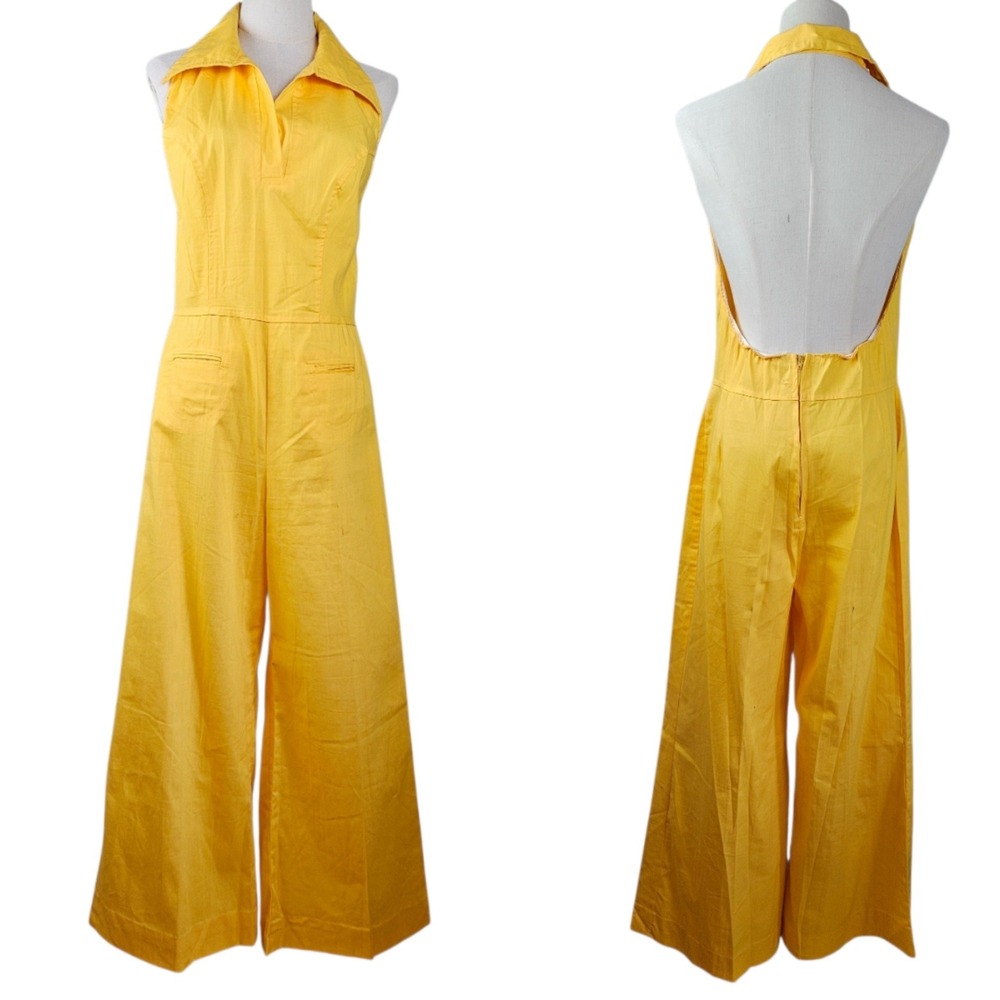 Vintage‎ Wide Leg Halter Jumpsuit Sz XS S Yellow Open Back - Picture 2 of 14